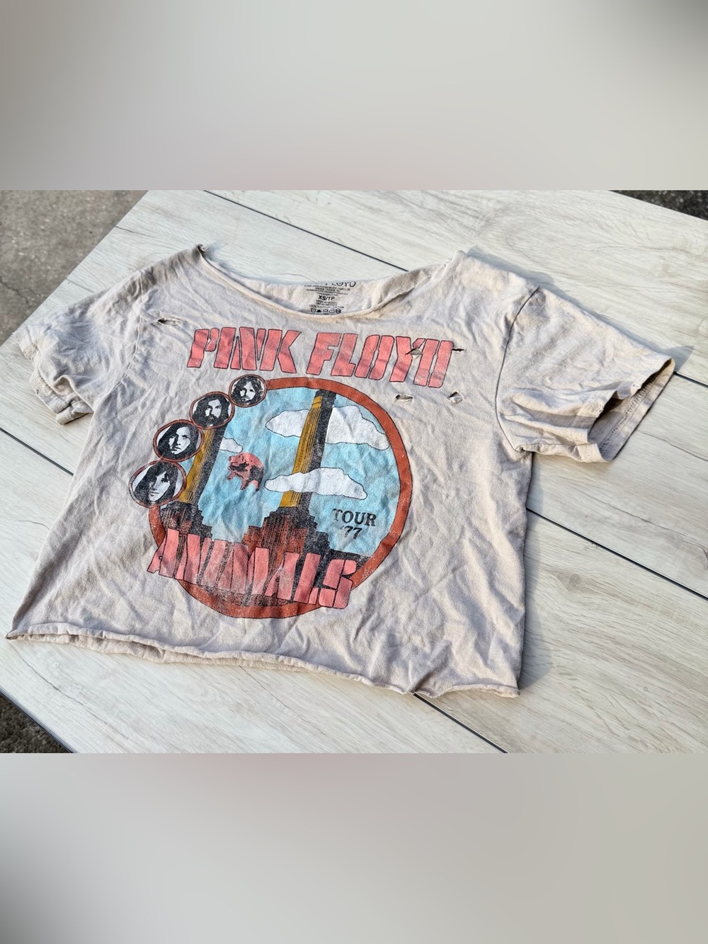 Pink Floyd Distressed Graphic Band Tee XS Cropped Wide Neck One Shoulder NWOT - Picture 2 of 10